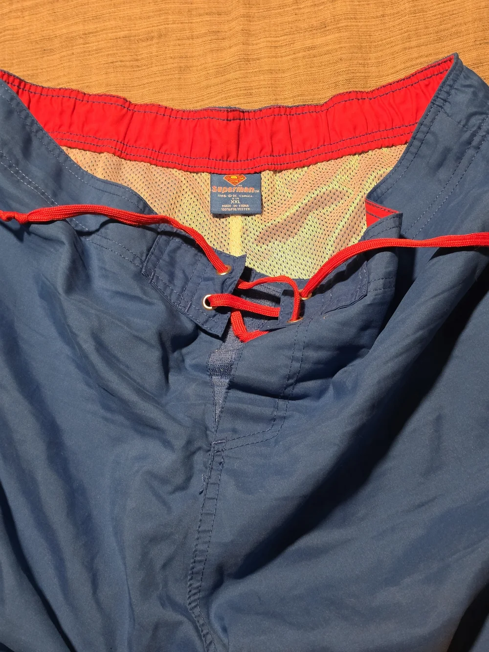 Superman Blue Swim Board Shorts with Red Logo Trim